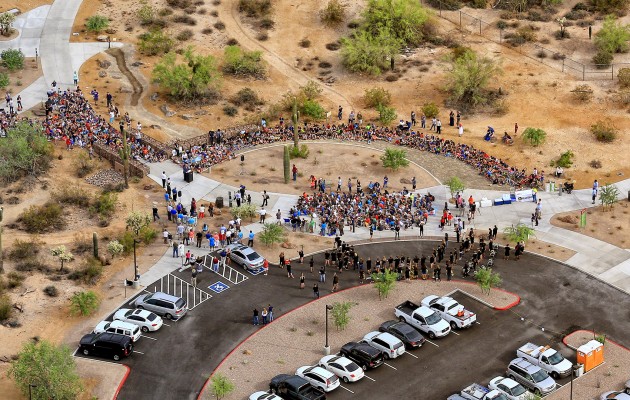 Bird's-eye view of opening day crowds at Desert Arroyo Park