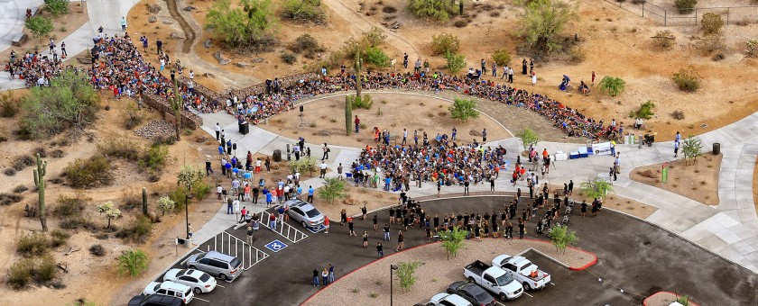 Bird's-eye view of opening day crowds at Desert Arroyo Park